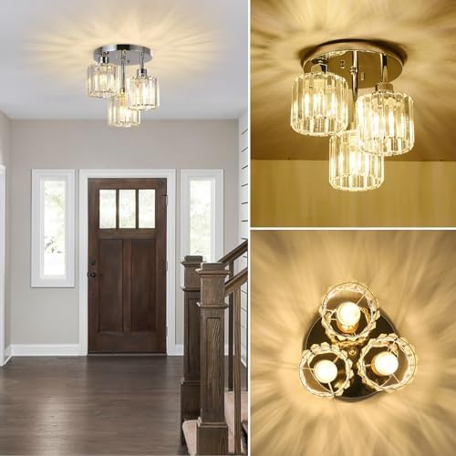 Rayofly Modern Crystal Chandelier – 3-Light Chrome Semi Flush Ceiling Light