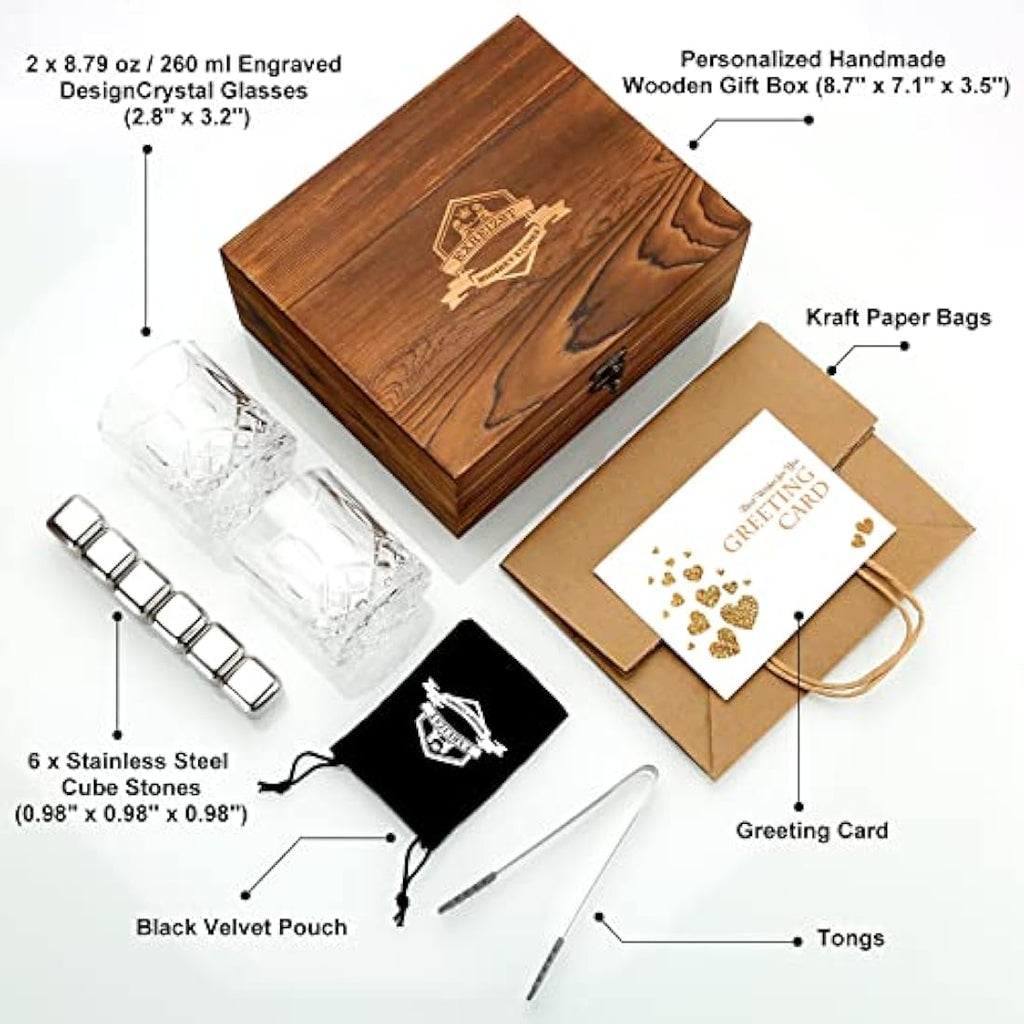 Whiskey Stones and Glass Gift Set – Granite Rocks & Wooden Box