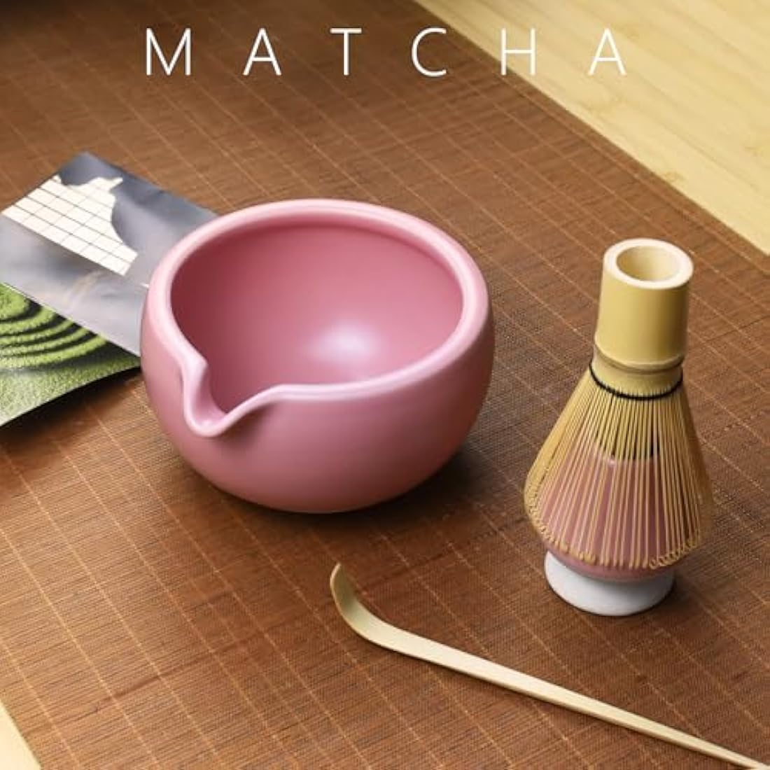 Artcome Matcha Tea Ceremony Kit – Bamboo Whisk and Pink Pottery Bowl