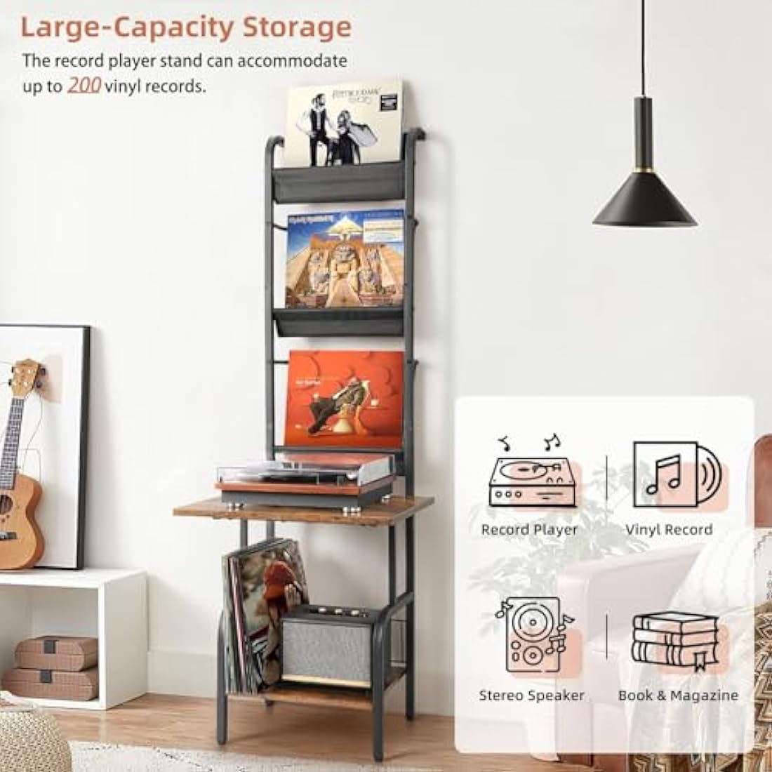 VINCOURNA 3-Tier Vinyl Record Storage Stand - 200 Album Turntable Holder