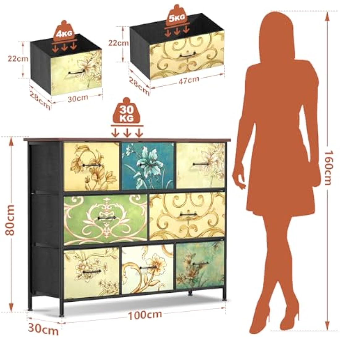 8-Drawer Fabric Dresser – Vintage Floral Storage Chest