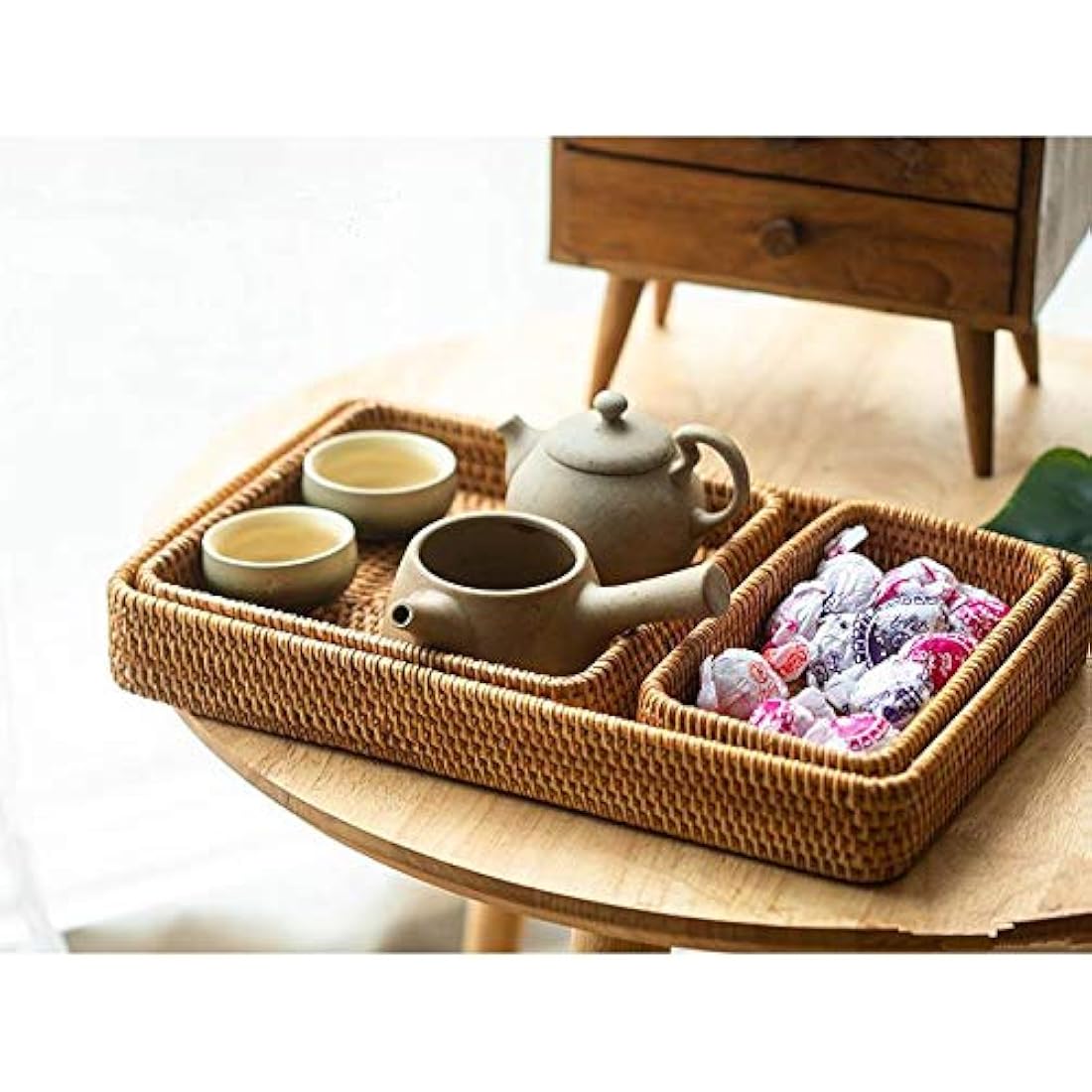 Jolof Store Set of 3 Rectangular Rattan Trays | Woven Wicker Baskets