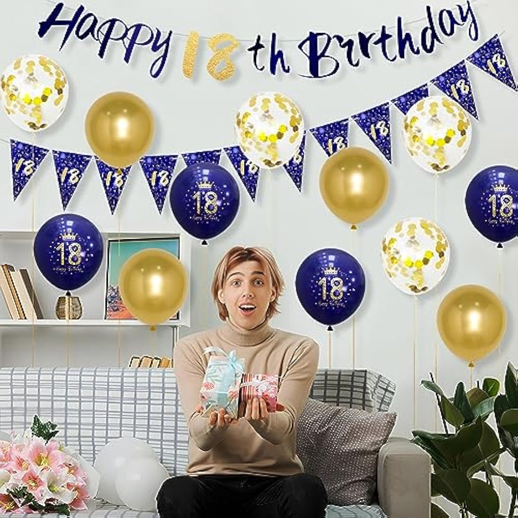 18th Birthday Decorations for Boys – Navy Blue & Gold Balloon Kit