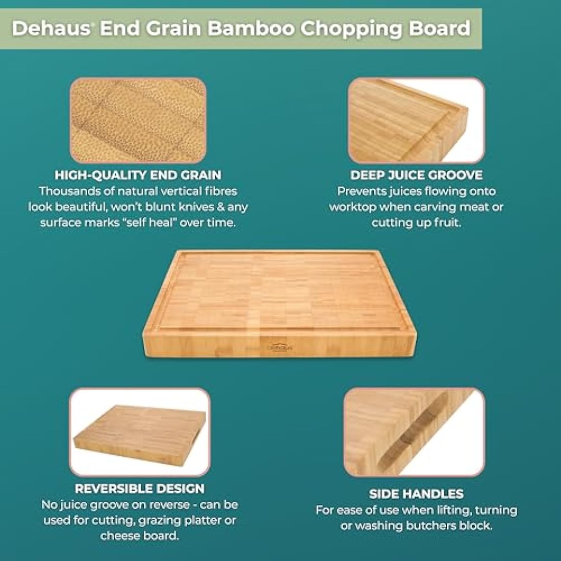 Dehaus End Grain Bamboo Chopping Board – Large Butcher Block with Juice Groove