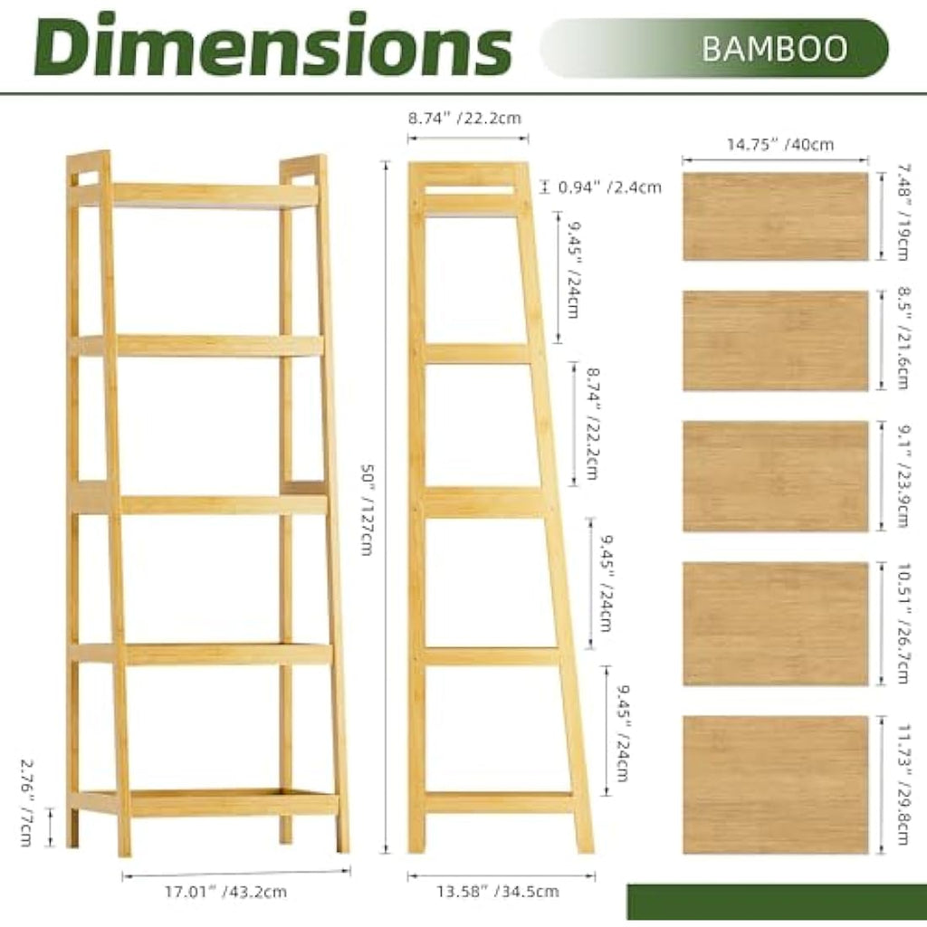 5-Tier Bamboo Ladder Bookshelf – Tall Narrow Display Rack