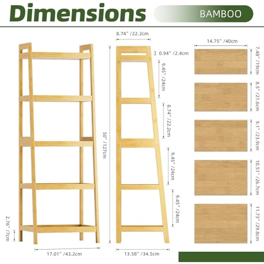 5-Tier Bamboo Ladder Bookshelf – Tall Narrow Display Rack