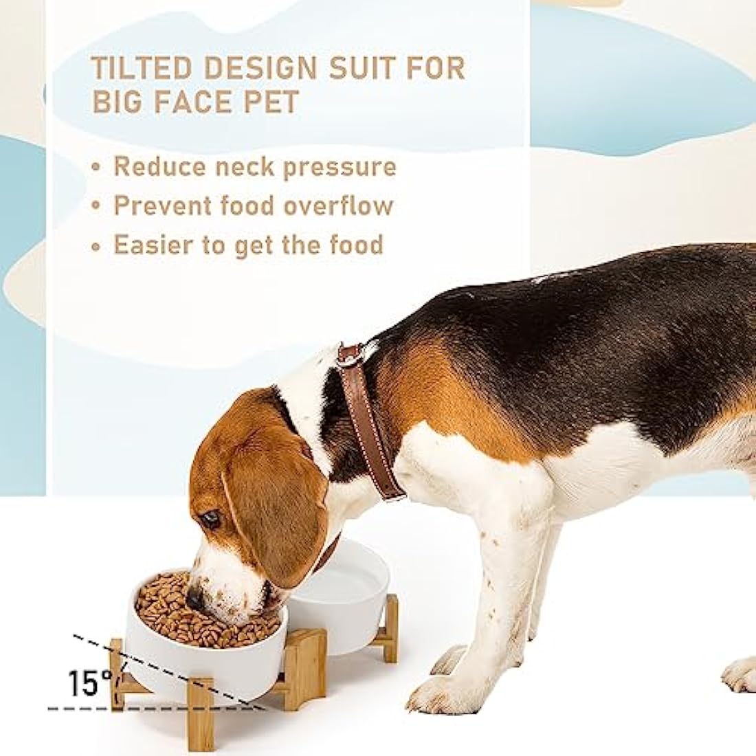 SPUNKYJUNKY 15° Tilted Ceramic Dog and Cat Bowl with Wooden Stand - 850ml