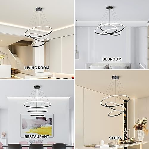 Jolof Store Modern 3-Ring LED Chandelier – Dimmable Black Acrylic Pendant