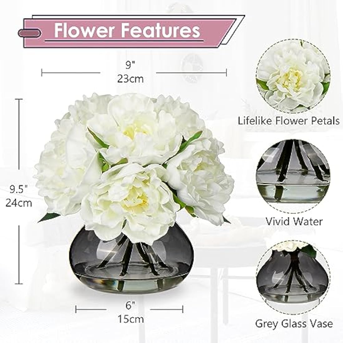 Oairse Real Touch Artificial Peony Flowers in Glass Vase with Faux Water