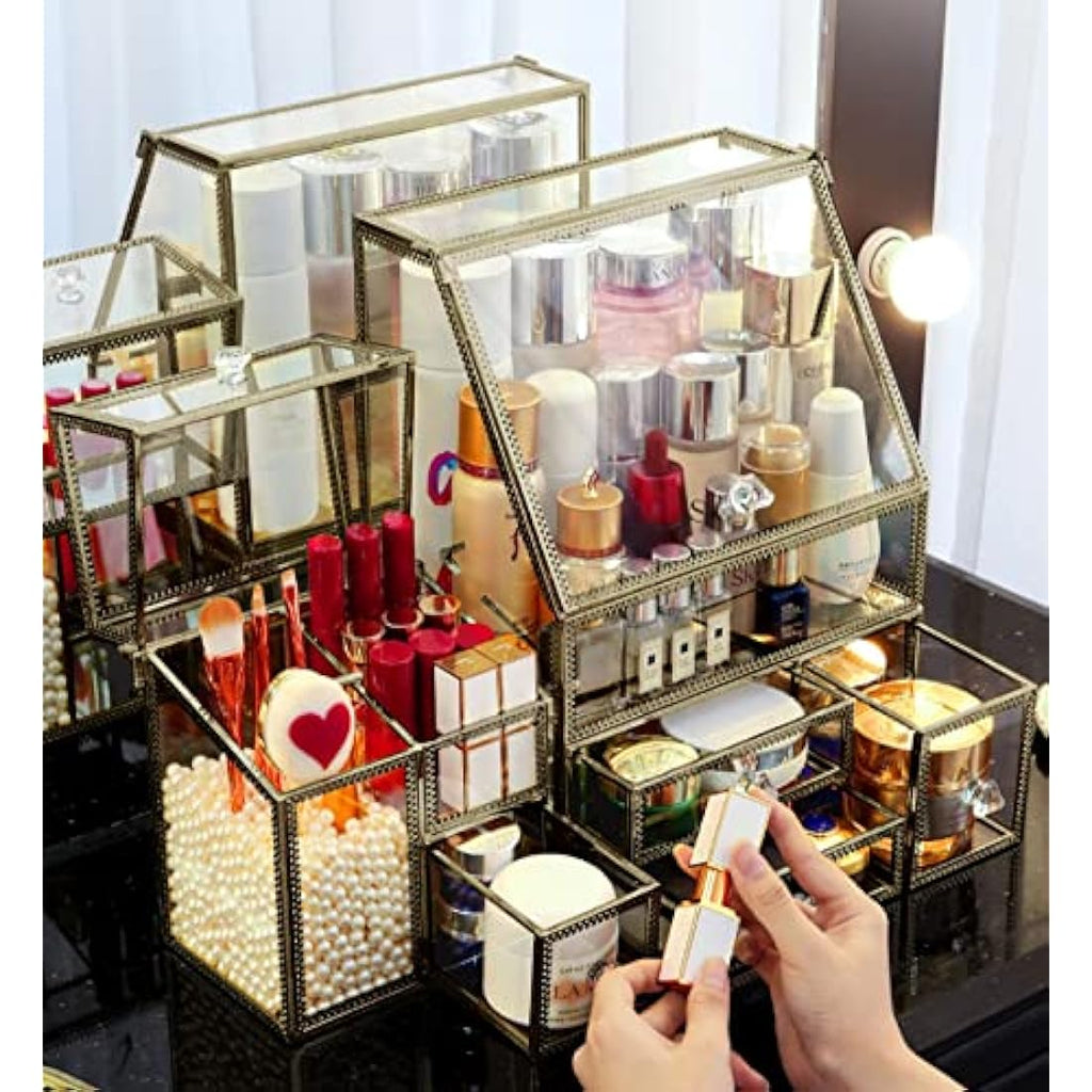 Hersoo Glass Makeup Organizer – Antique Brass Stackable Cosmetic Storage
