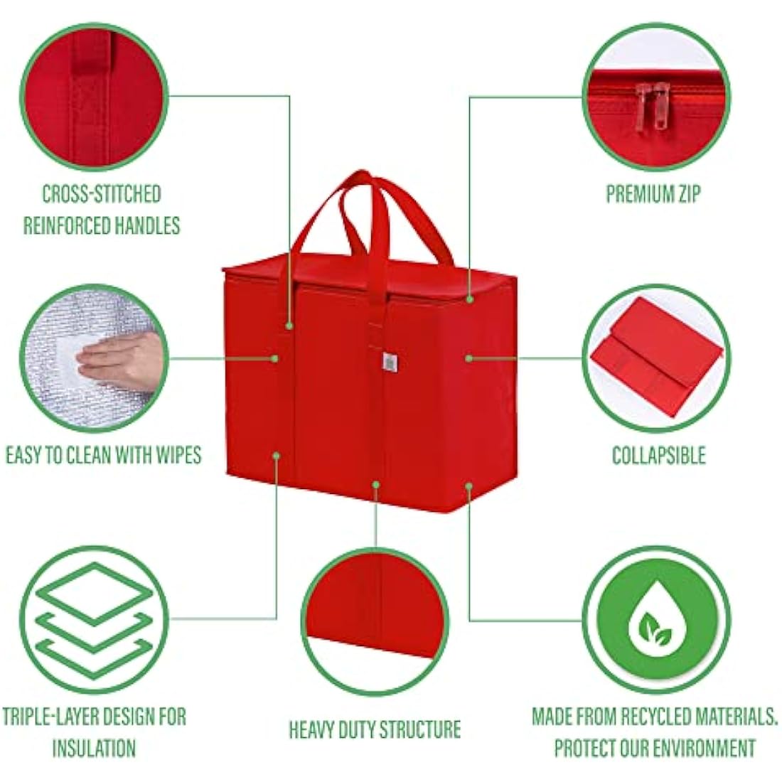 VENO Insulated Grocery Bags - 3 Pack Heavy-Duty Reusable Cooler Bag, Red