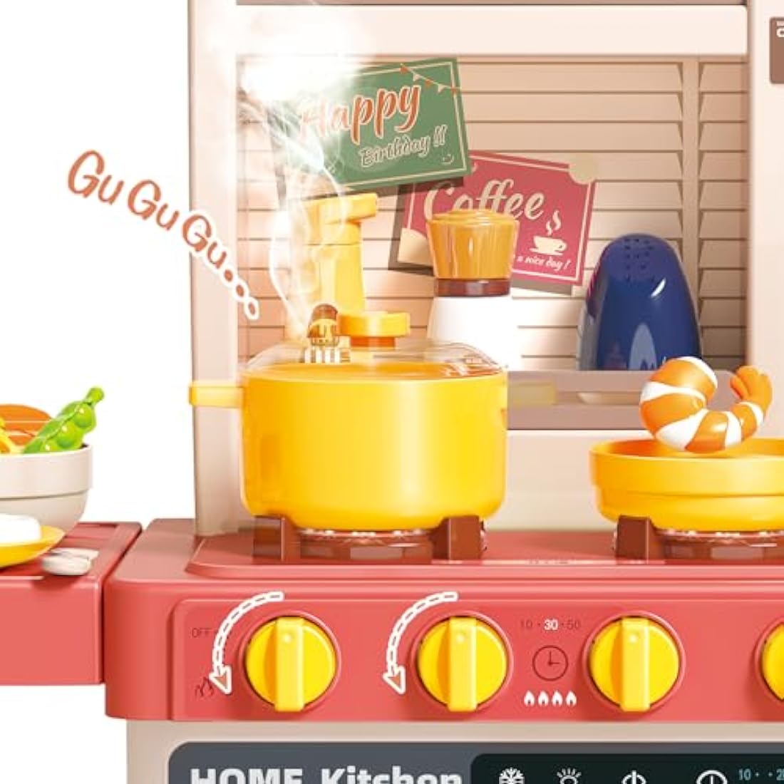 deAO Kids Kitchen Playset with Lights, Steam & Accessories - Pink
