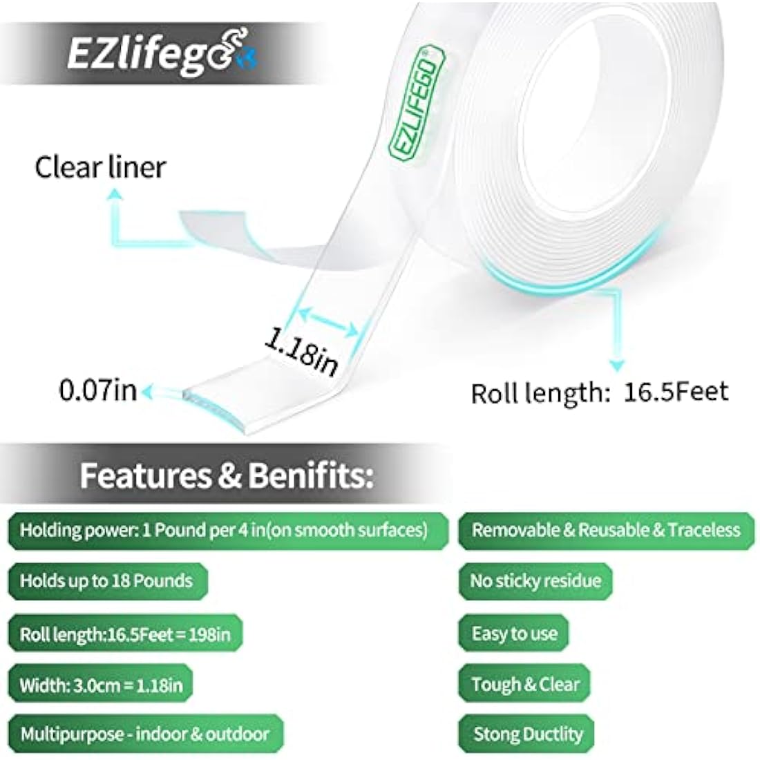 EZlifego Heavy Duty Nano Mounting Tape – Clear Double Sided Adhesive (5m)