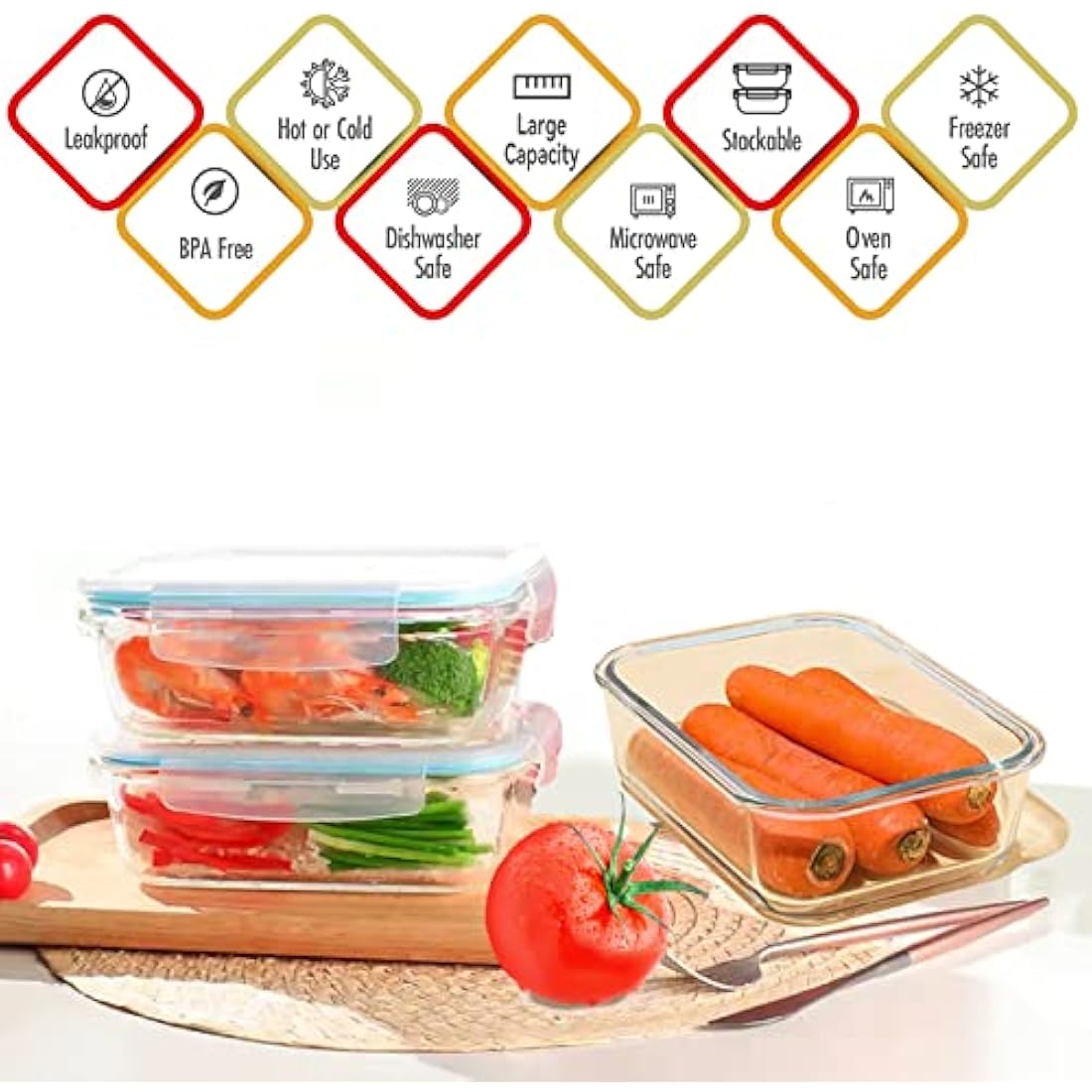 Luvan 1520ml Glass Food Storage Containers - 2 Pack Airtight Meal Prep Set