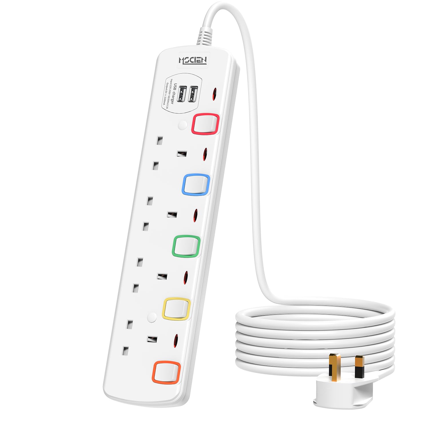 Mscien 4-Way Extension Lead with USB Slots & Individual Switches – 4M