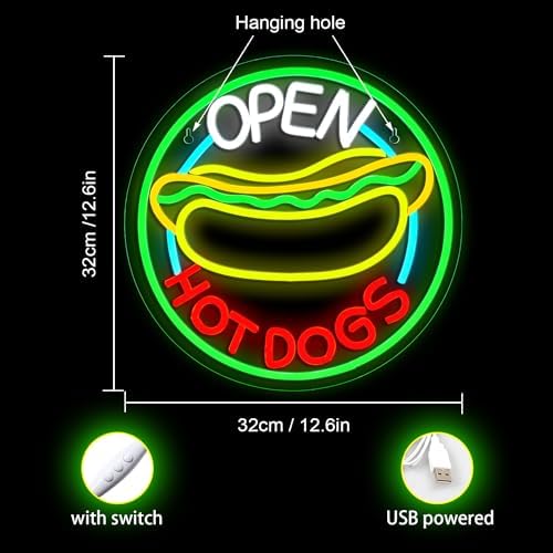Ineonlife Open Hot Dogs Neon Sign | Dimmable LED Wall Decor for Restaurants