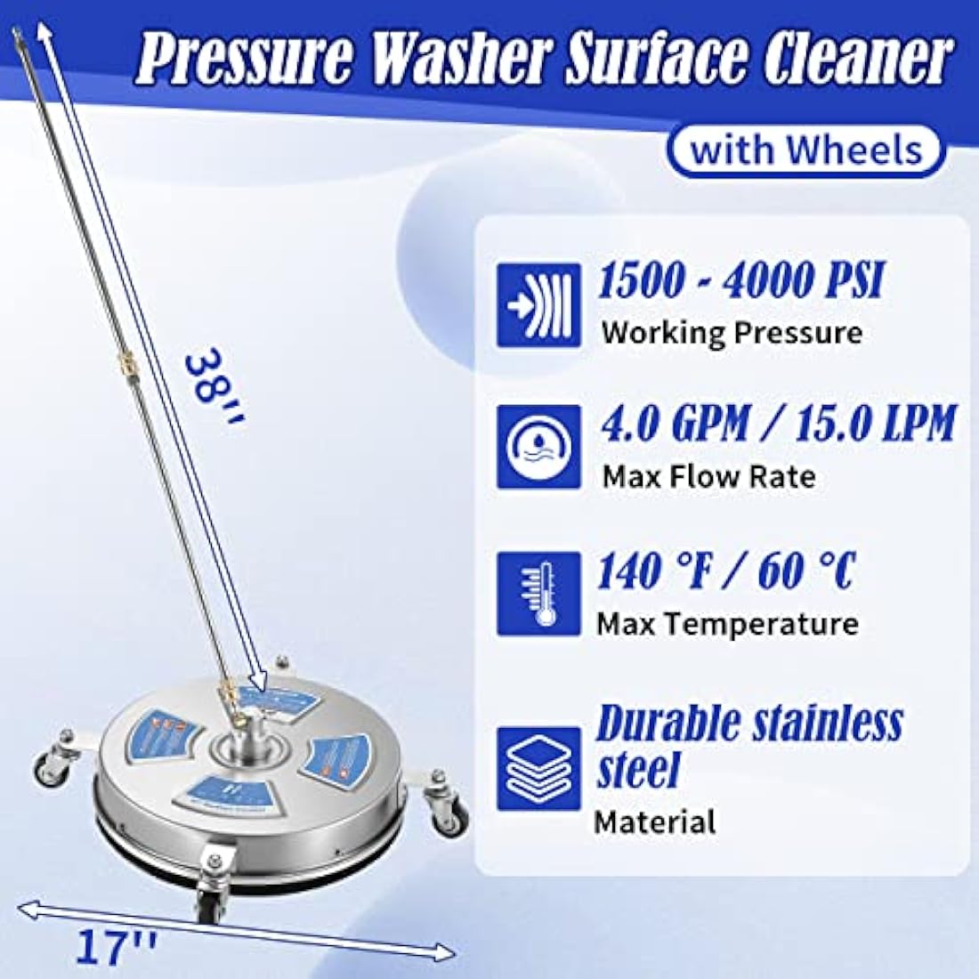 M MINGLE 17" Pressure Washer Surface Cleaner | 4000 PSI Stainless Steel