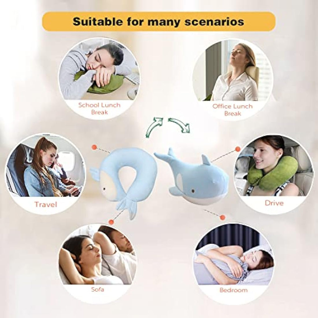 JOYRAVO Kids 2-in-1 Travel Pillow – Blue Whale Plush Neck Support
