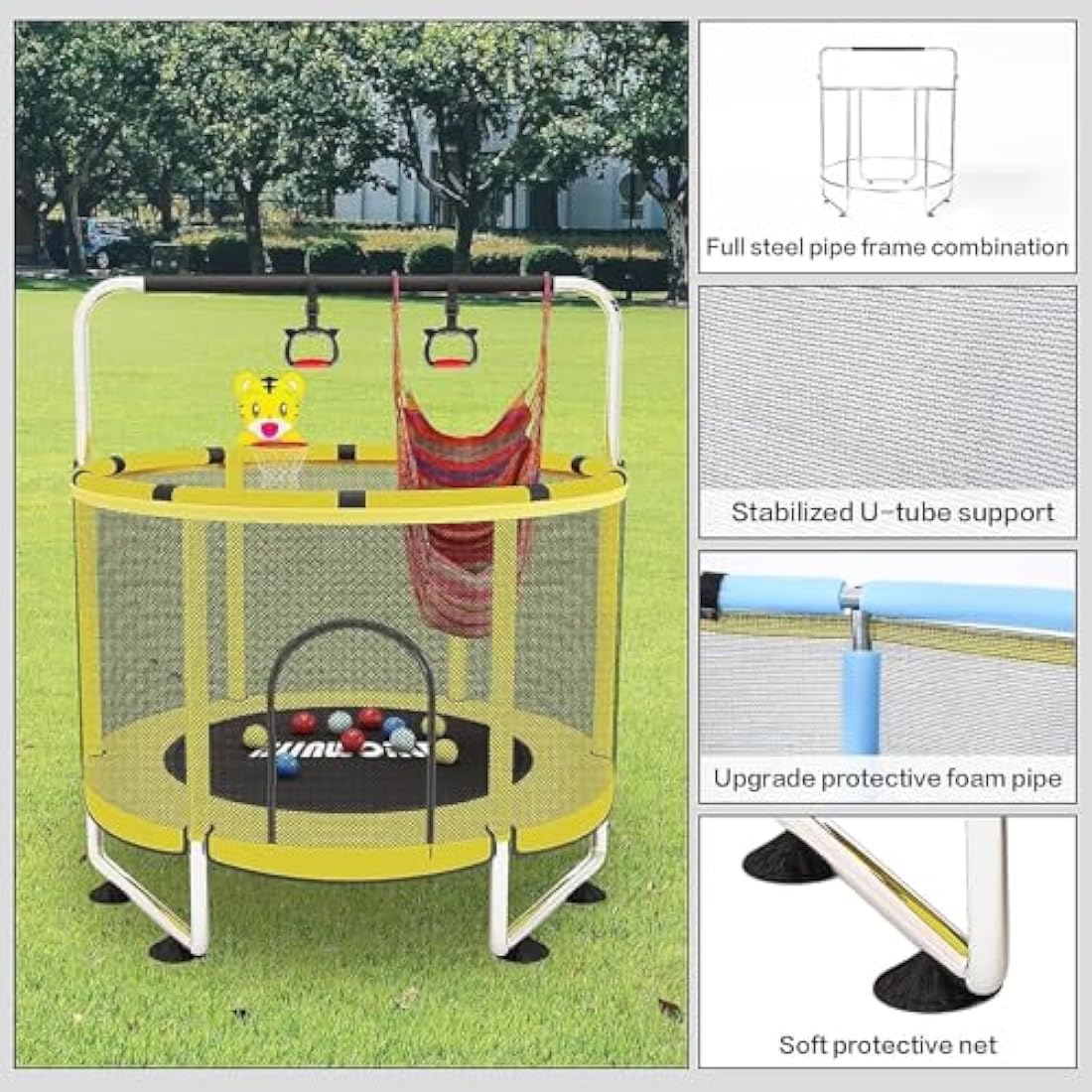 Jolof Store Kids Trampoline with Basketball Hoop and Enclosure