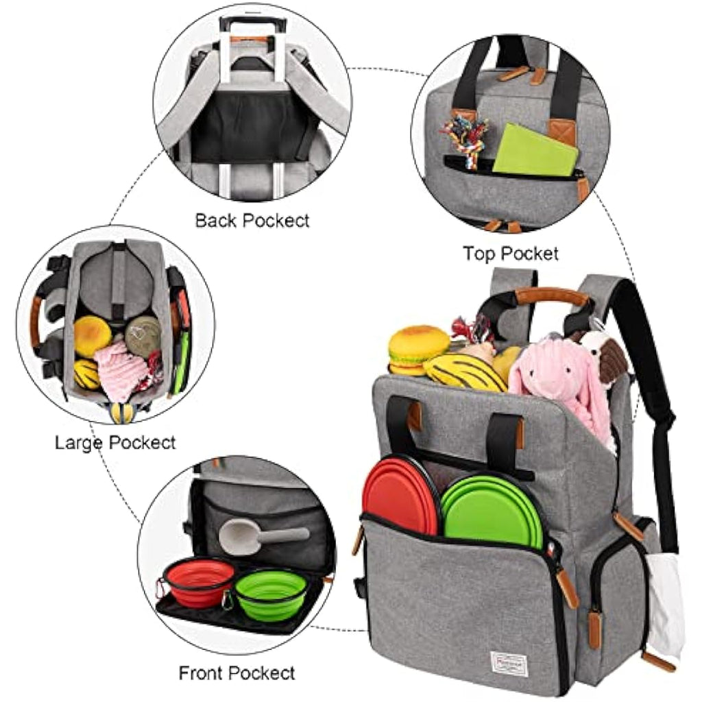 Modoker Dog Travel Bag – Airline Approved Pet Backpack Kit with Bowls, Grey