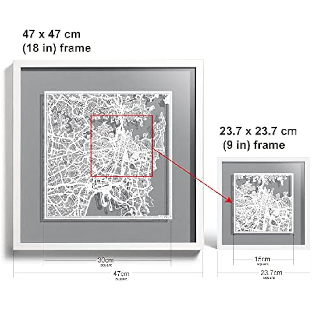 Sydney Paper Cut Map Framed Art - O3 Design Studio 9x9 Wall Decor