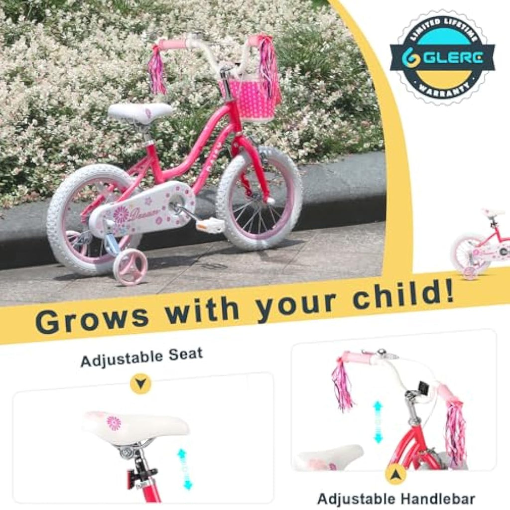 Glerc Daisy 16 Inch Girls Bike with Training Wheels and Basket