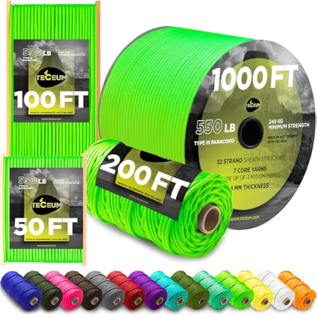 TECEUM 550lb Paracord – 4mm Nylon Tactical Rope for Survival and Camping