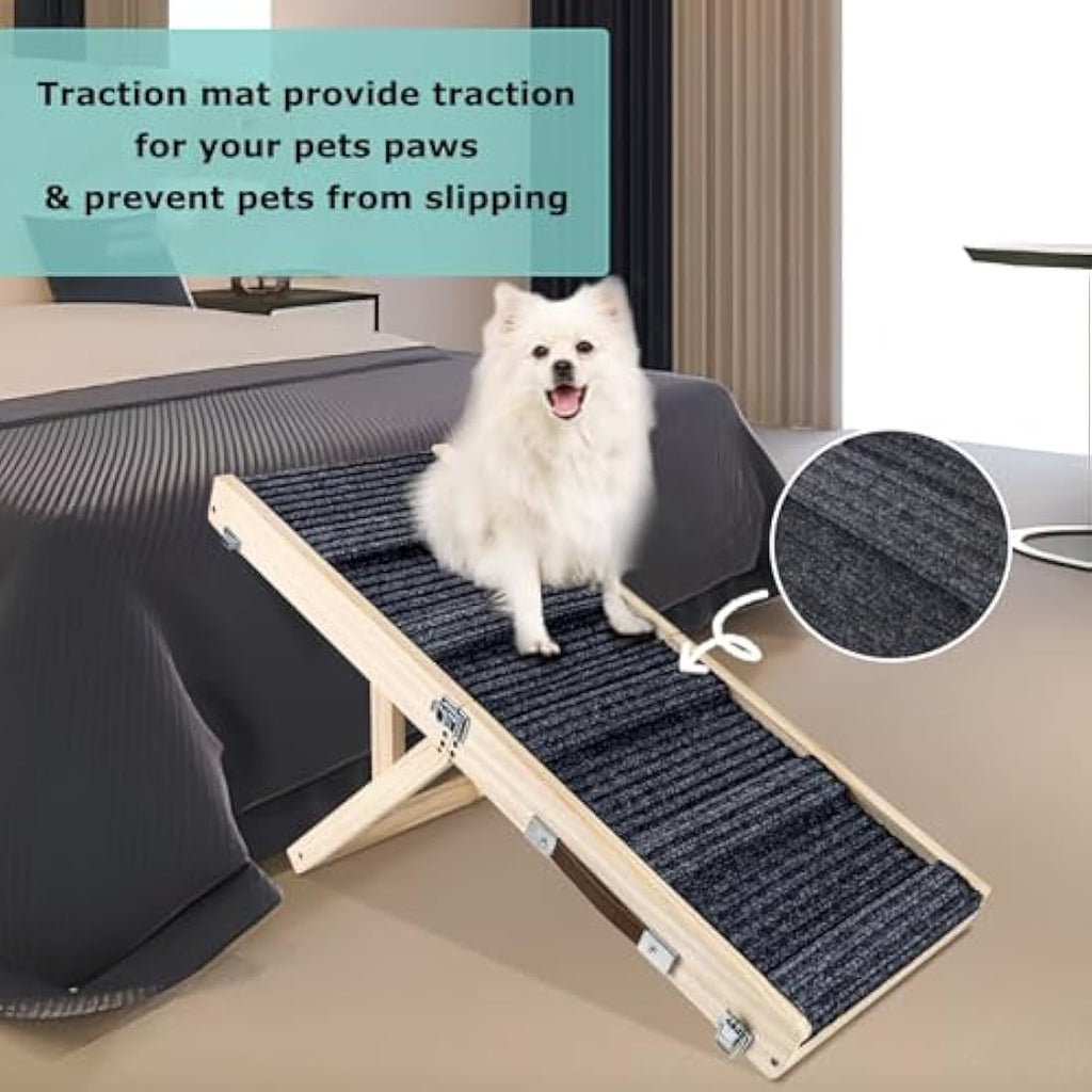 Umtiti Adjustable Wooden Pet Ramp – Foldable Non-Slip Dog Ramp for Beds