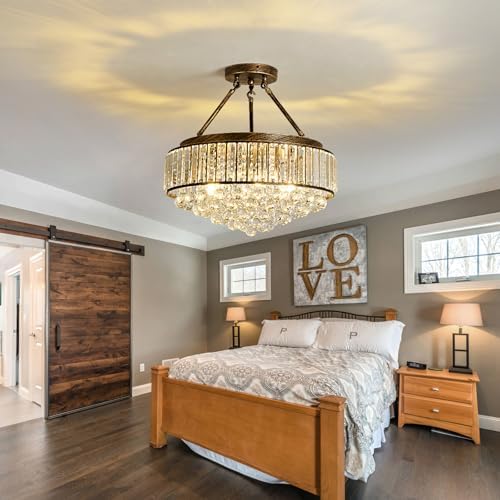 EOPSPYI Modern Crystal Chandelier – 6-Light Bronze Semi Flush Mount