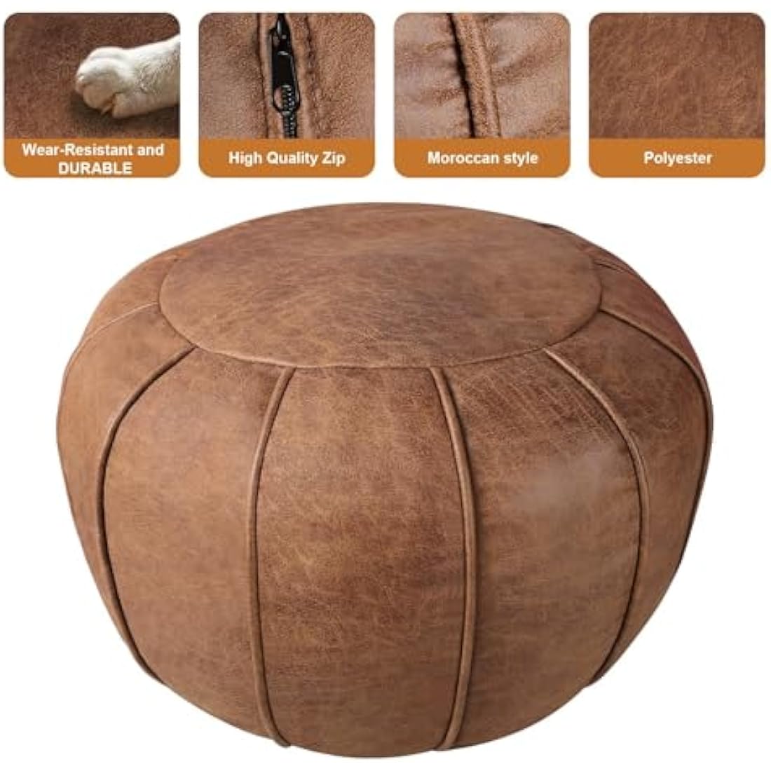 Louis Donné Round Faux Leather Pouf Ottoman Cover - Cognac Brown