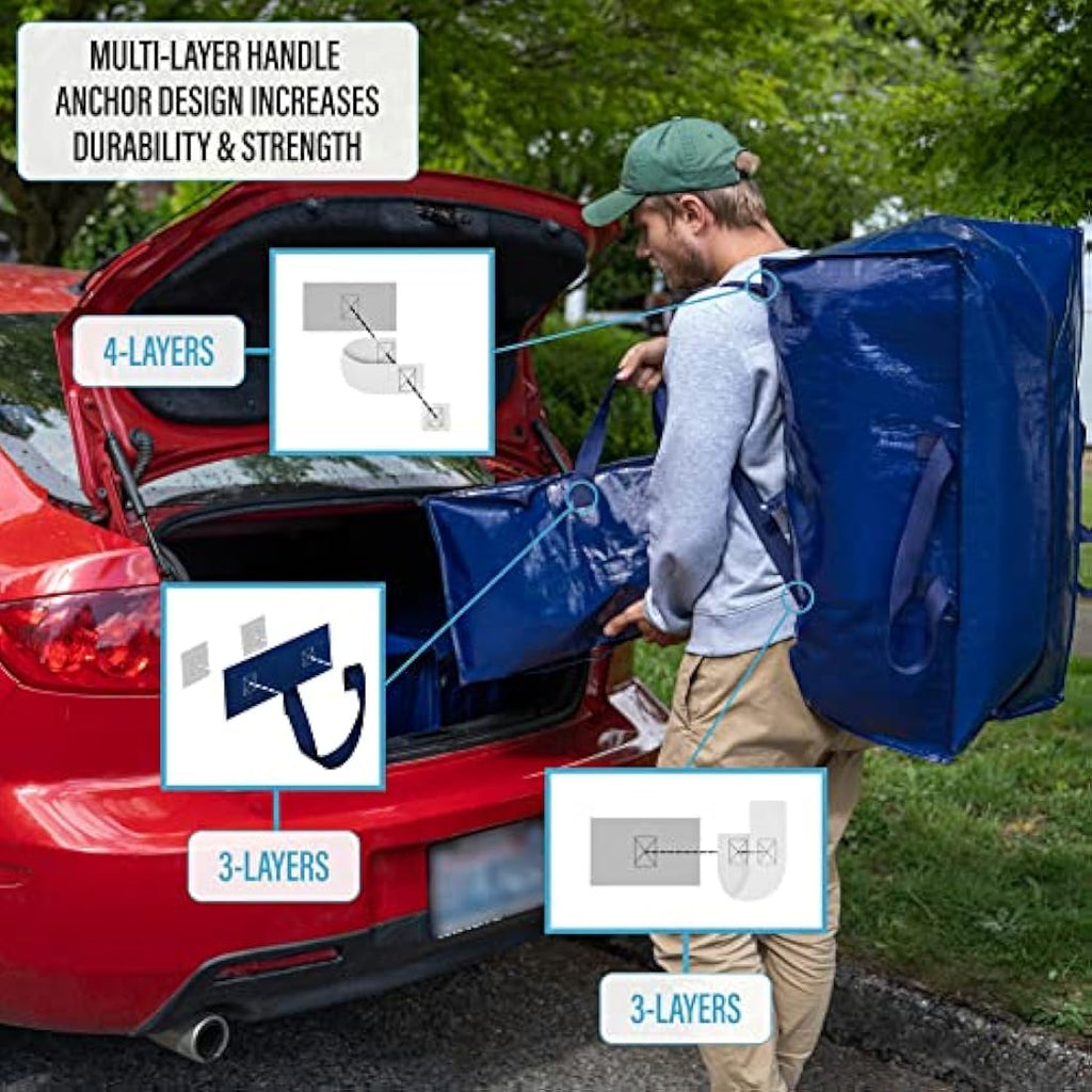 VENO Heavy-Duty Moving Bags with Backpack Straps - Blue, 4 Pack