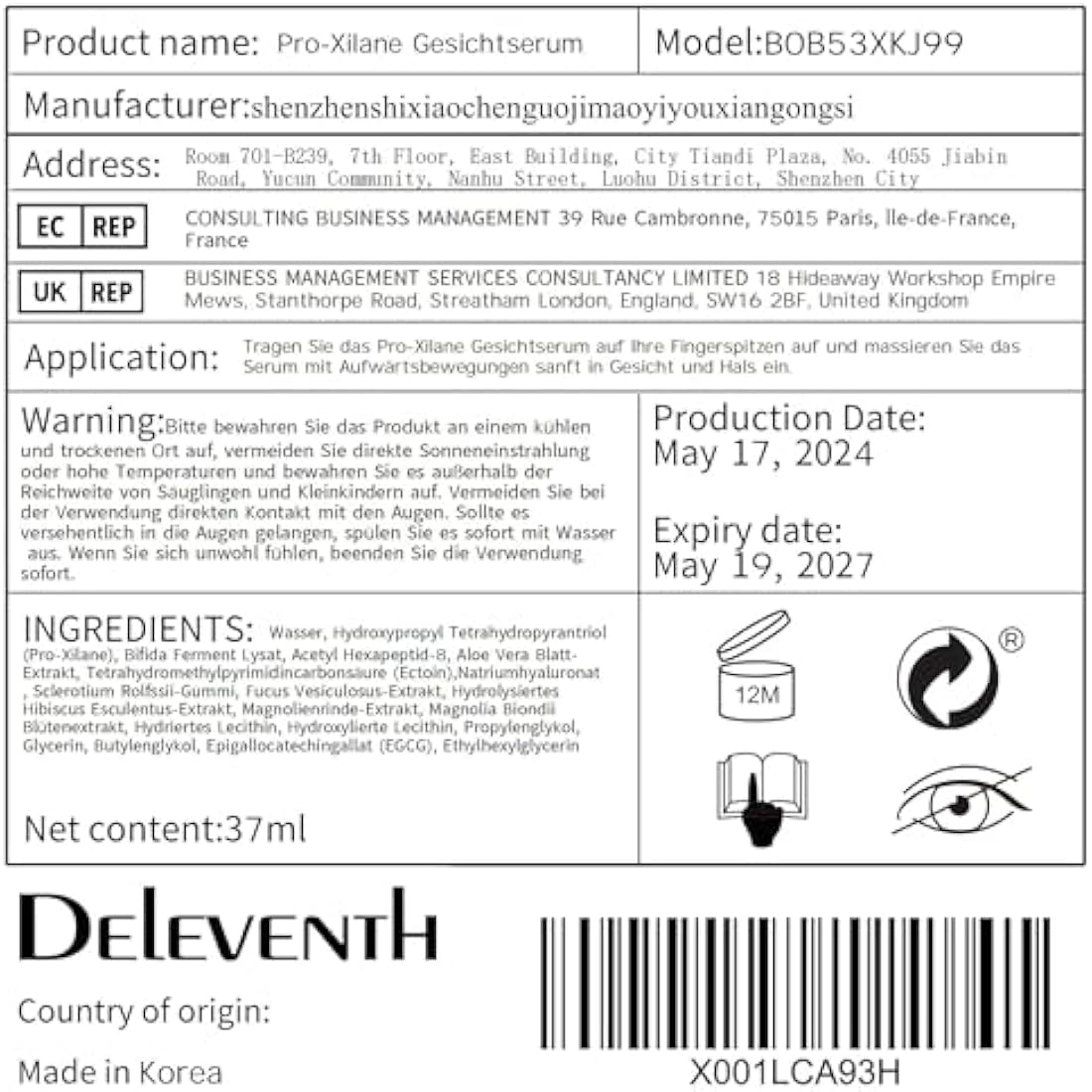 DEleventh Pro-Xilane Face Serum - Anti-Aging & Hydrating Skincare 37ml