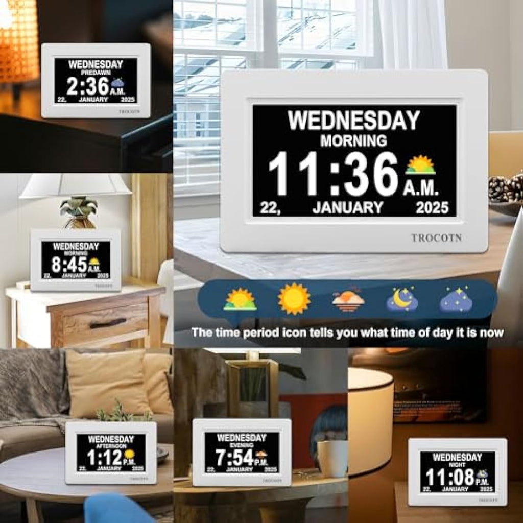TROCOTN 7-Inch Digital Calendar Day Clock for Elderly – Large Display White