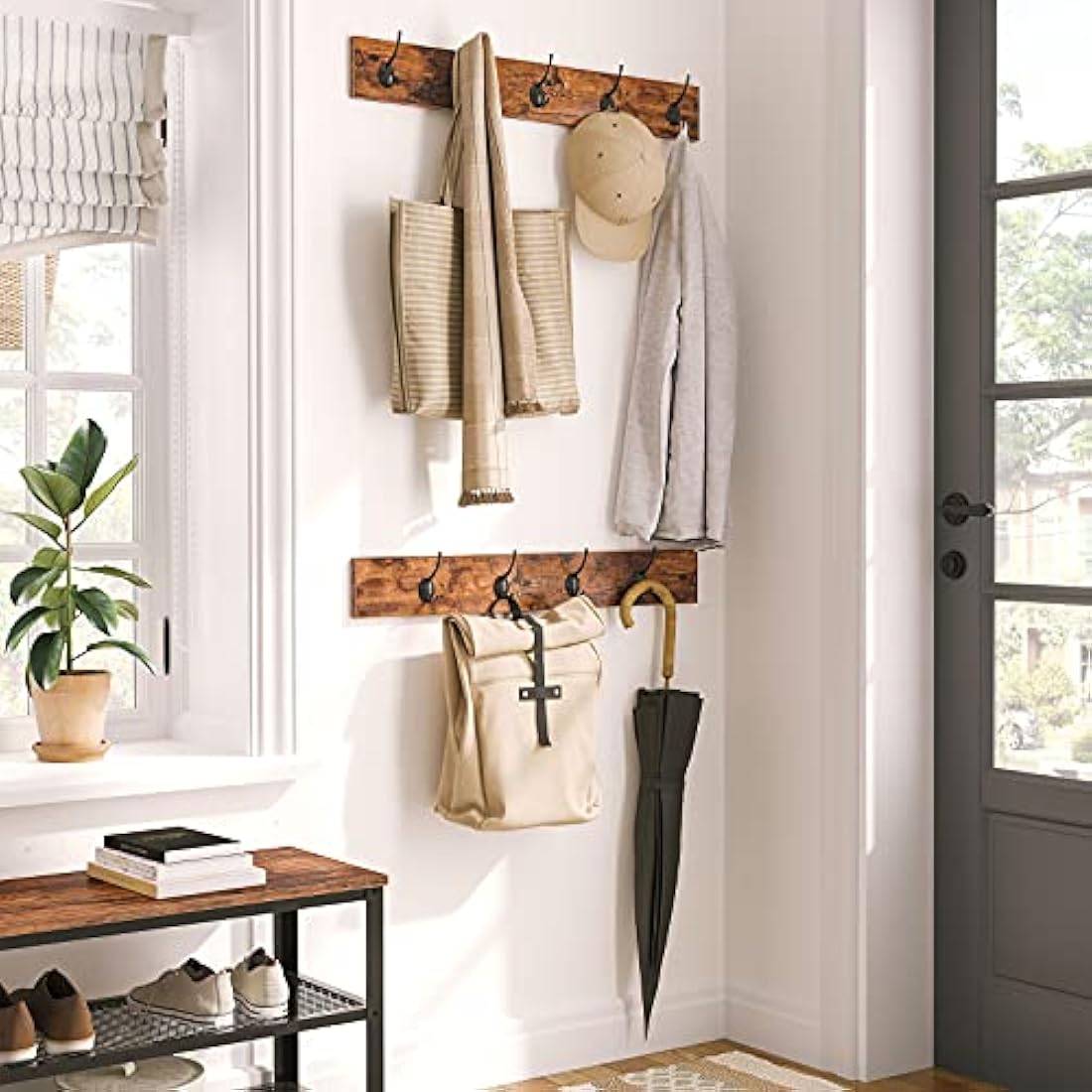 HOOBRO Industrial Hall Tree with Shoe Bench - Rustic Brown Coat Rack