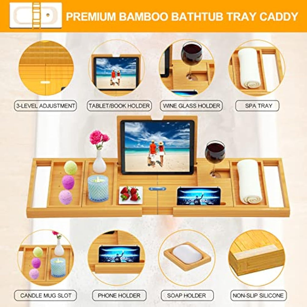 Banlilu Bamboo Bath Tray – Expandable Foldable Bathtub Caddy Organizer