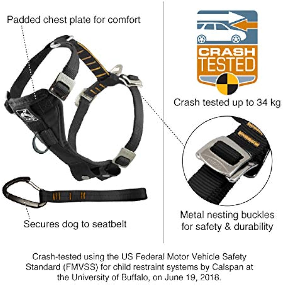 Kurgo Tru-Fit Dog Car Harness – Crash Tested No-Pull Vest, Black, XS
