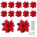 12 Pack Red Glitter Poinsettia Artificial Christmas Flowers