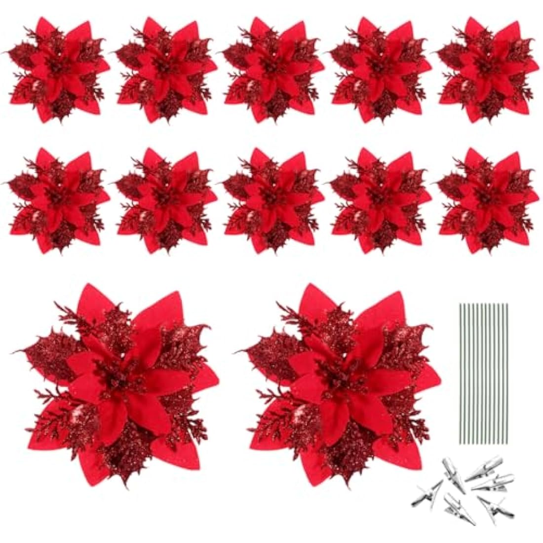 12 Pack Red Glitter Poinsettia Artificial Christmas Flowers