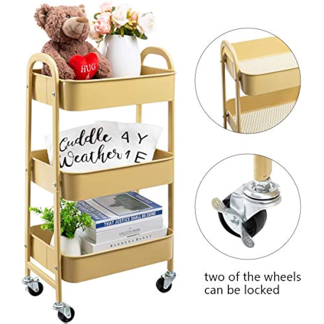 DOEWORKS 3-Tier Metal Rolling Utility Cart – Slim Storage Trolley, Khaki