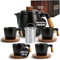 MIAMIO Ceramic Tea Pot Set with Infuser, 4 Mugs and Bamboo Saucers - Black