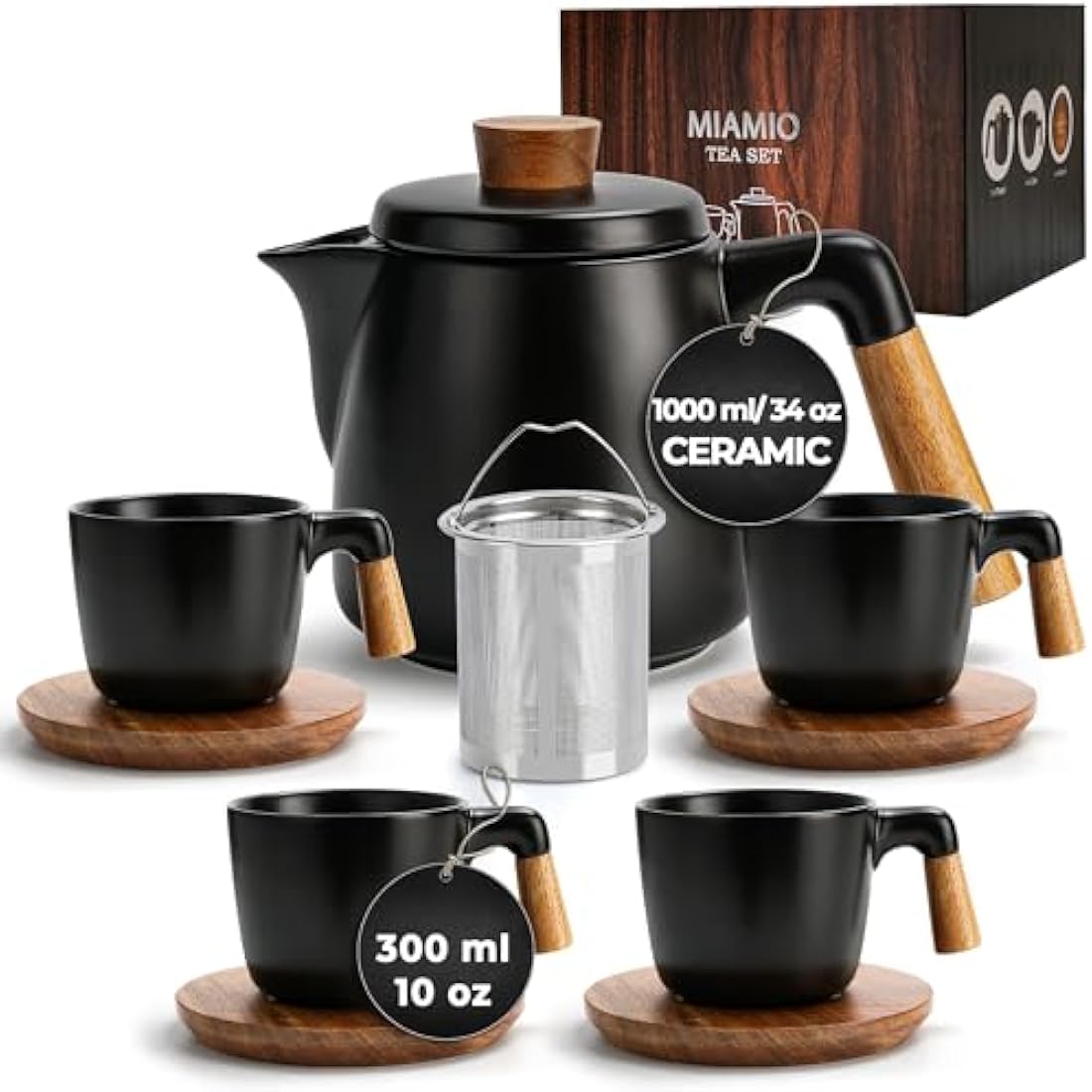 MIAMIO Ceramic Tea Pot Set with Infuser, 4 Mugs and Bamboo Saucers - Black