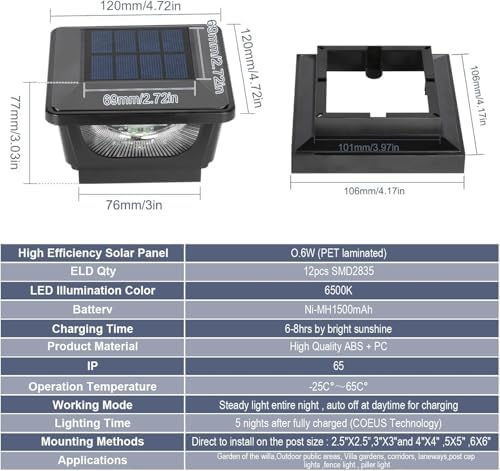 GEYUEYA Solar Post Cap Lights | Warm White IP65 Waterproof Fence Lamps - 6 Pack