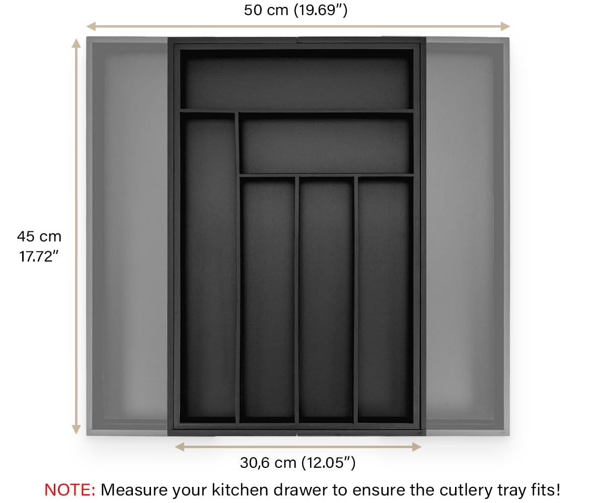 Budu Expandable Bamboo Cutlery Tray - Black Kitchen Drawer Organiser