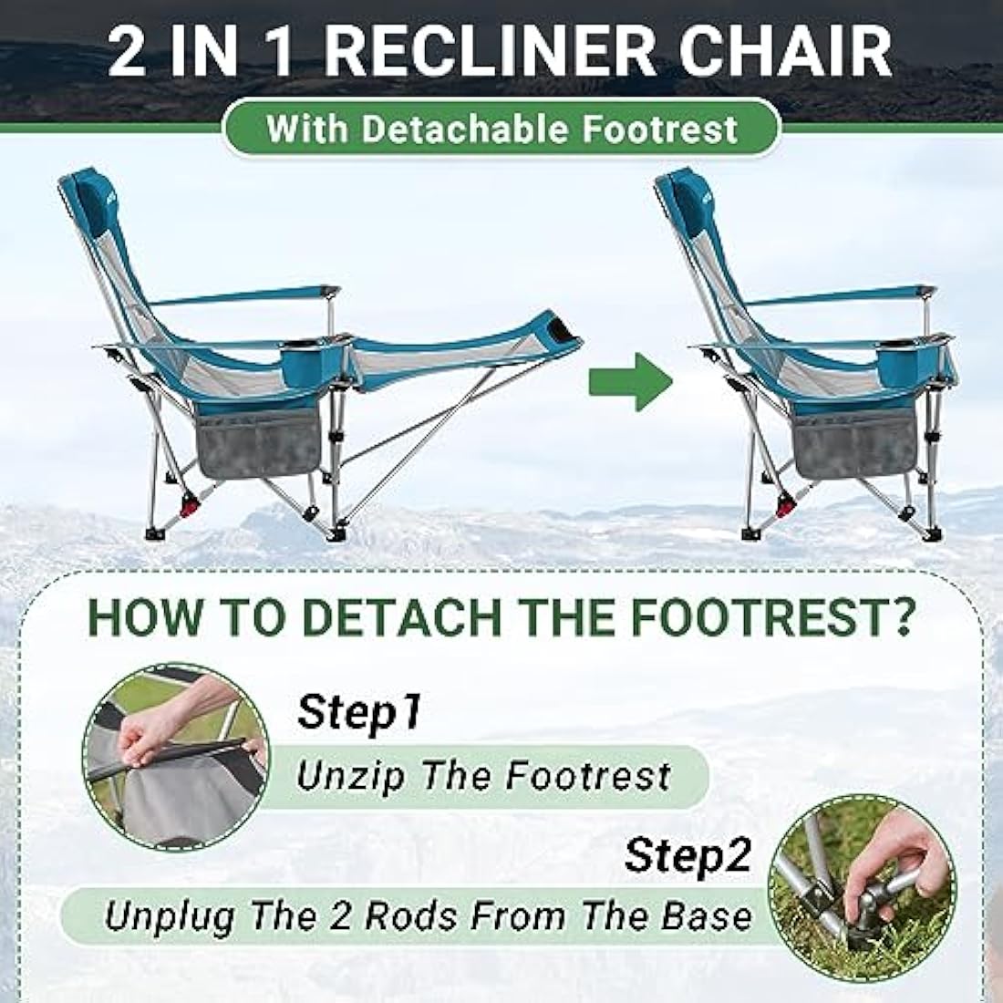 WEJOY Folding Recliner Camping Chairs with Footrest, Cyan - Set of 2