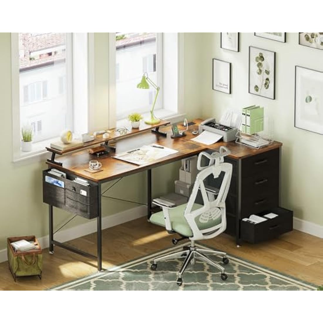 ODK L-Shaped Corner Desk with Drawers, Power Outlets & Monitor Stand