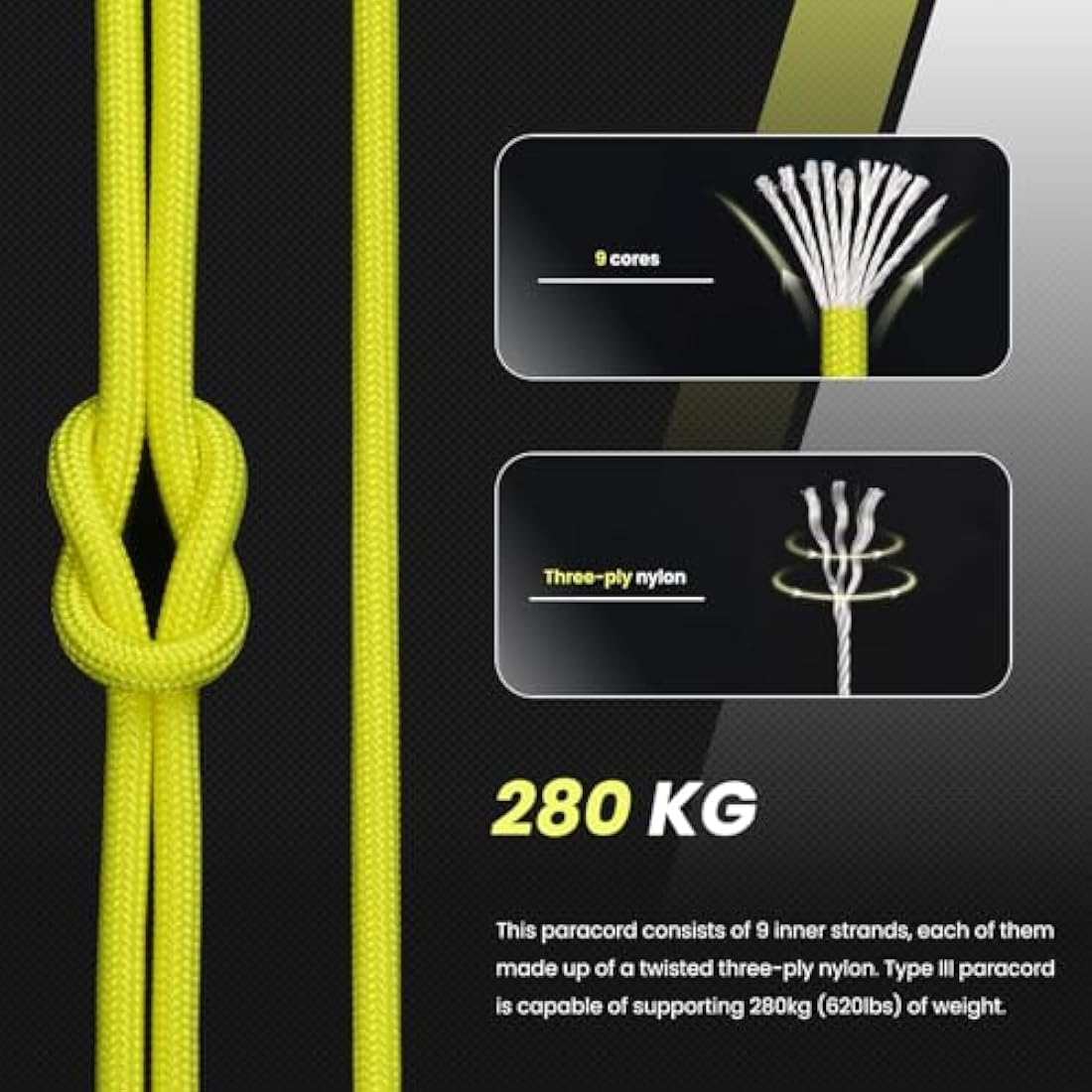 Abma Cord 4mm Type III Nylon Paracord – 100m 9-Strand Rope, Neon Yellow