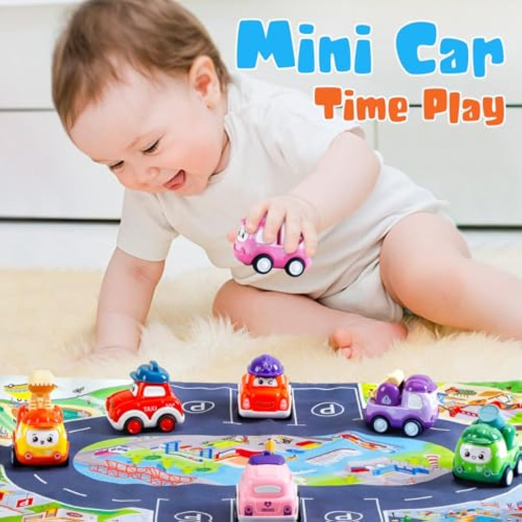 LULULIA 12-Piece Pull Back Toy Cars with Playmat and Storage Box