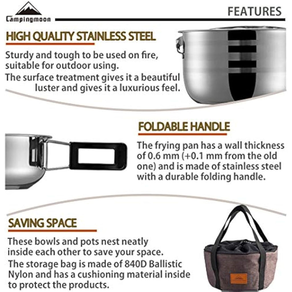 CAMPINGMOON Stainless Steel 15-Piece Nesting Camping Cookware Set