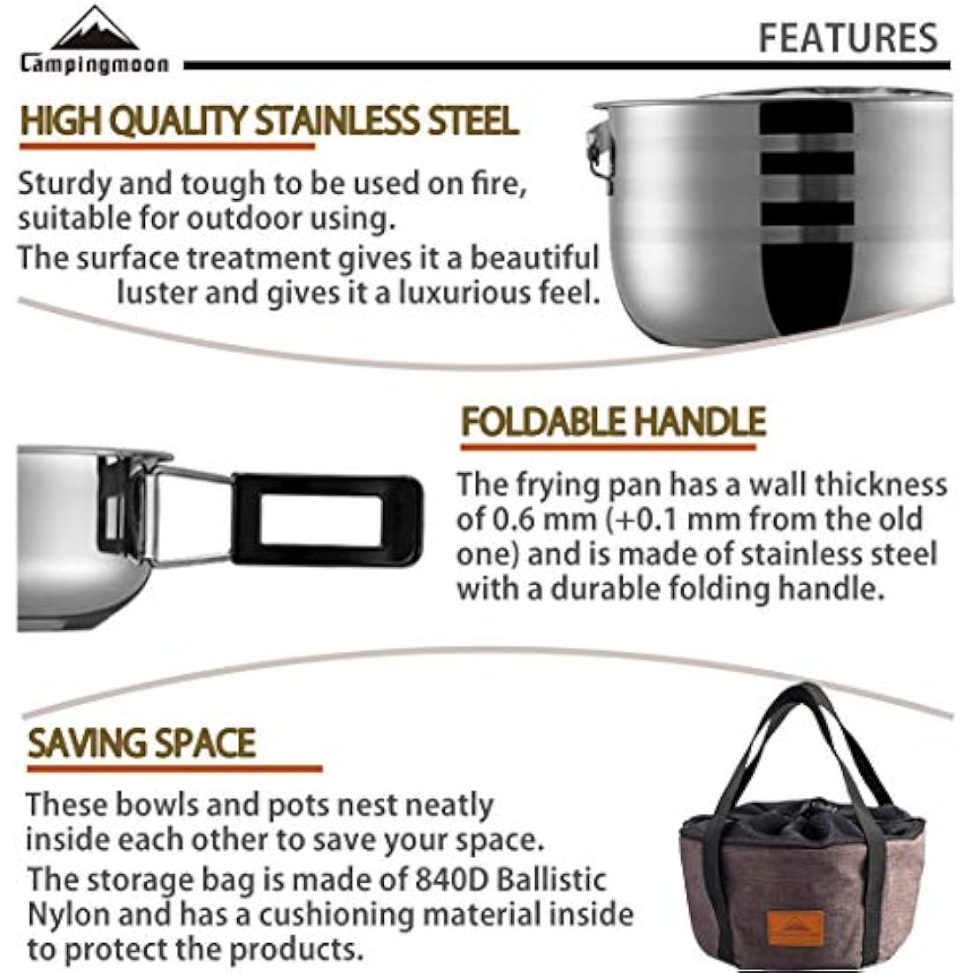 CAMPINGMOON Stainless Steel 15-Piece Nesting Camping Cookware Set