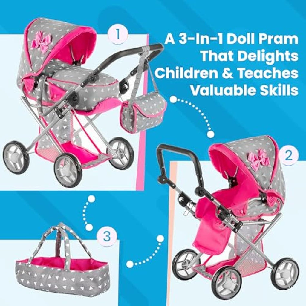 Kinderplay 3-in-1 Doll Pram – Toy Stroller with Adjustable Handle, KP0200S